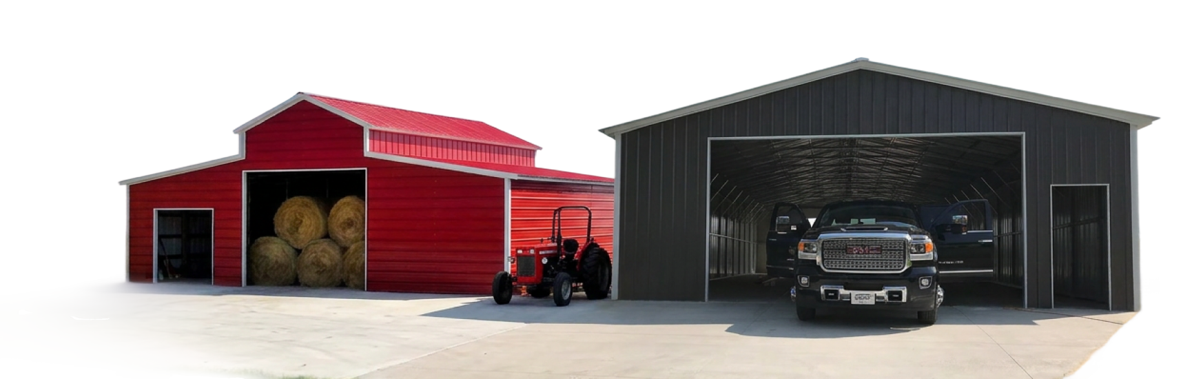 Red steel barn and dark metal garage with vehicles parked beneath