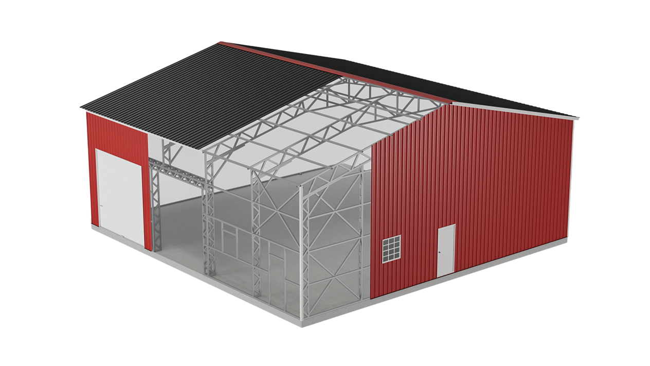 3D rendering of a red steel building with an open structural frame